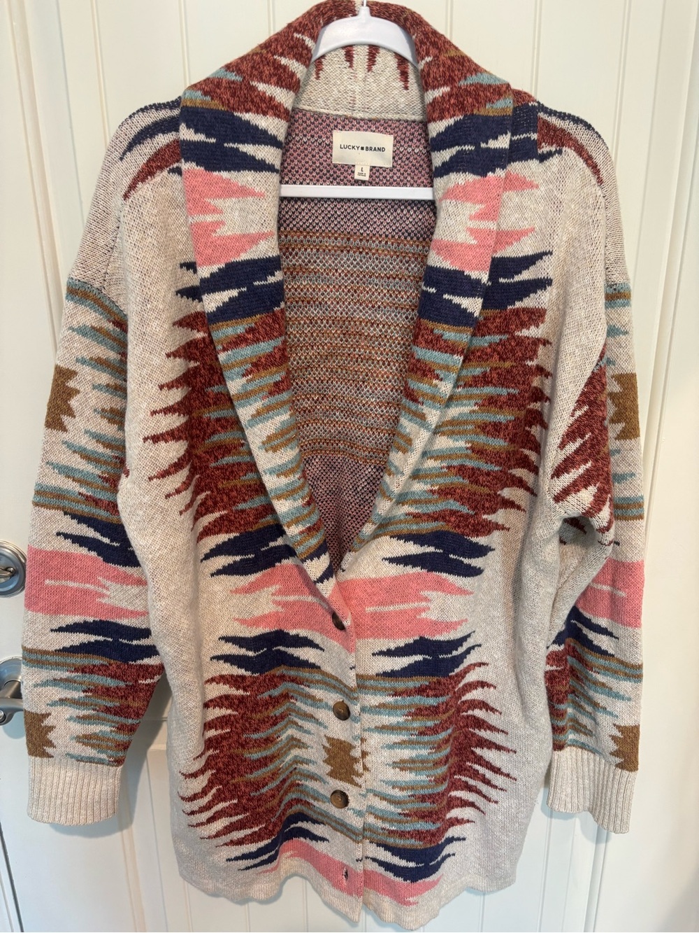 Lucky Brand Cream Multi-Color Aztec Shawl Collar Cardigan